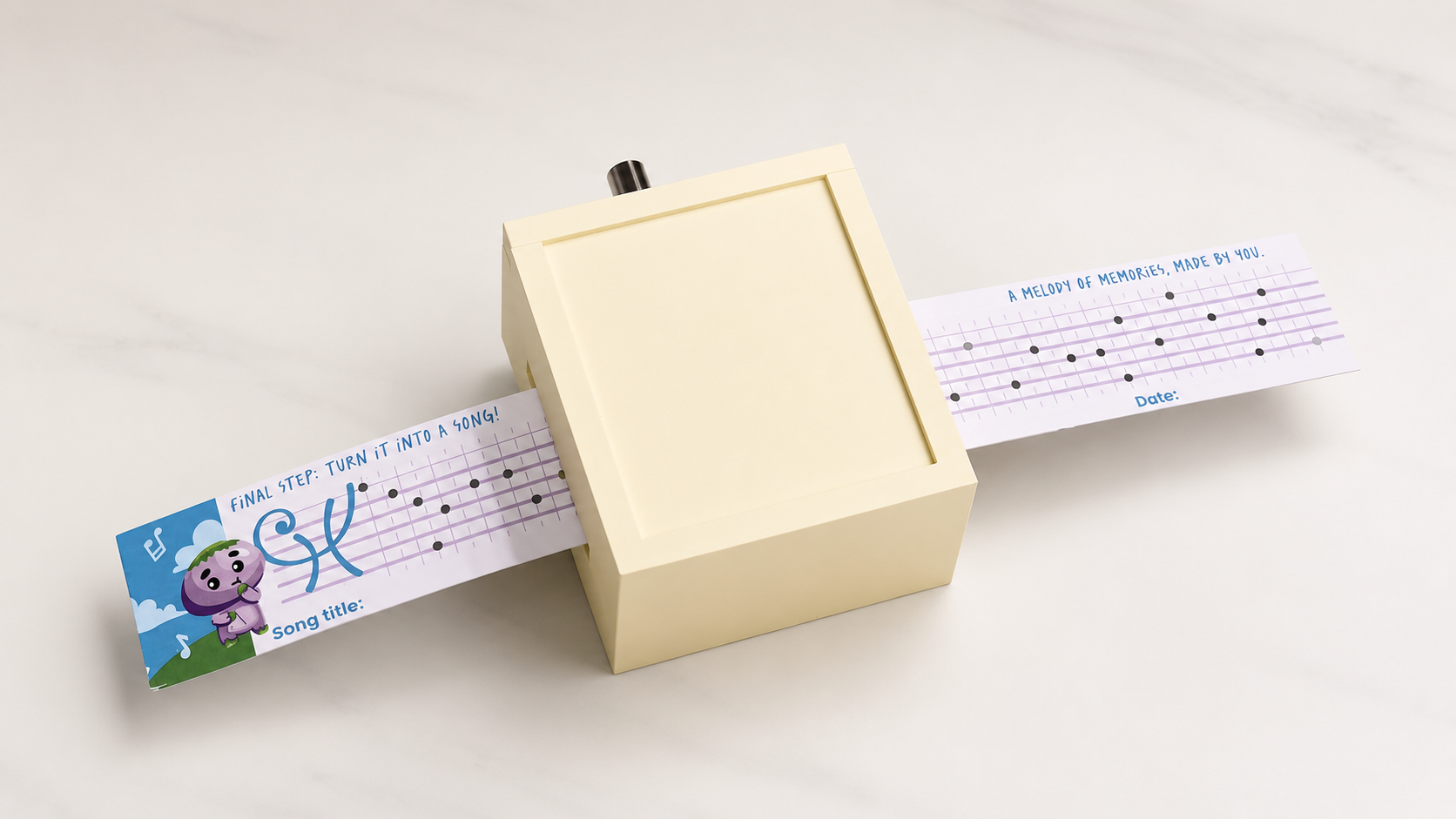 Physical music box with a melody strip threaded in