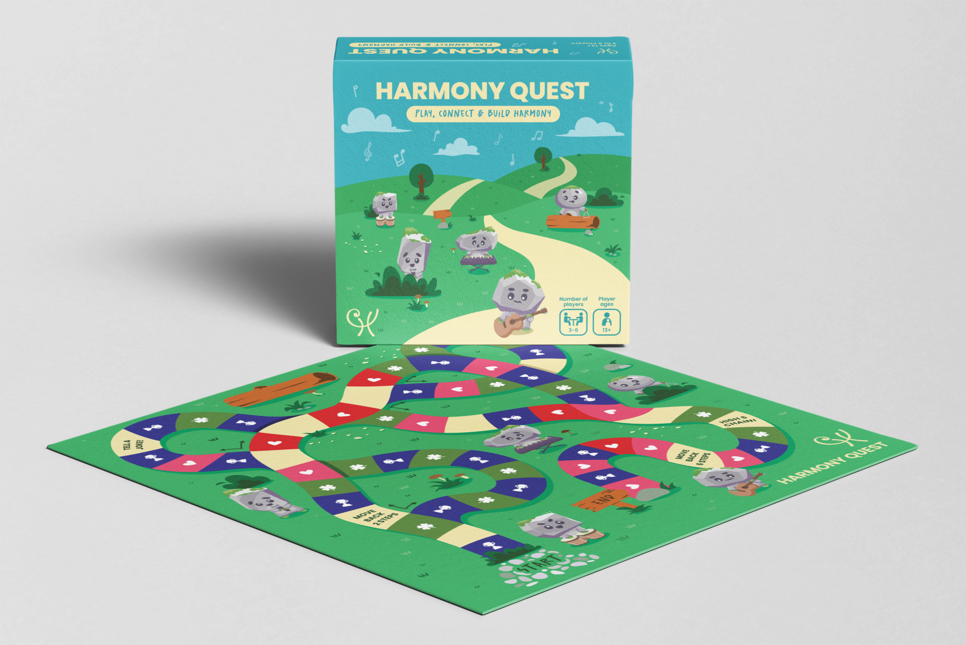 Harmony Quest board game box and game board displayed together.
